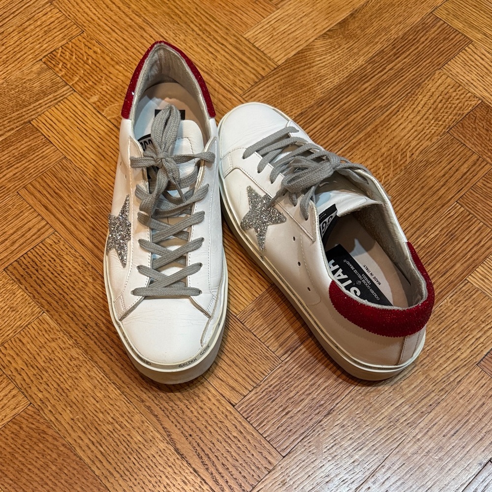 Golden Goose White Sneakers with Red and Silver Details